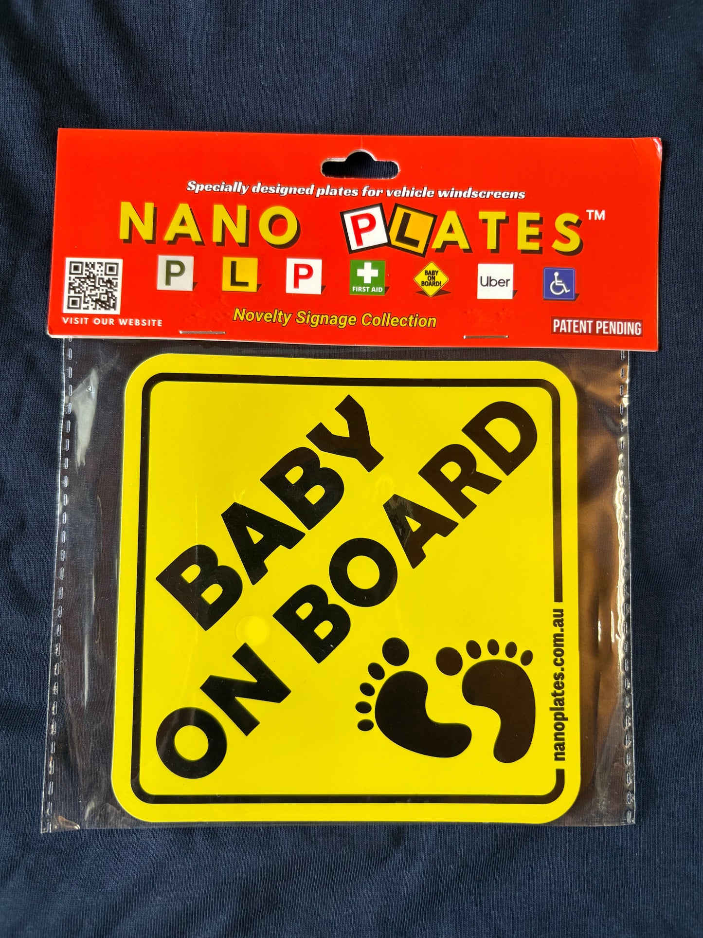 Nano Plates 'Baby on Board' sign in packaging with nanoplates label