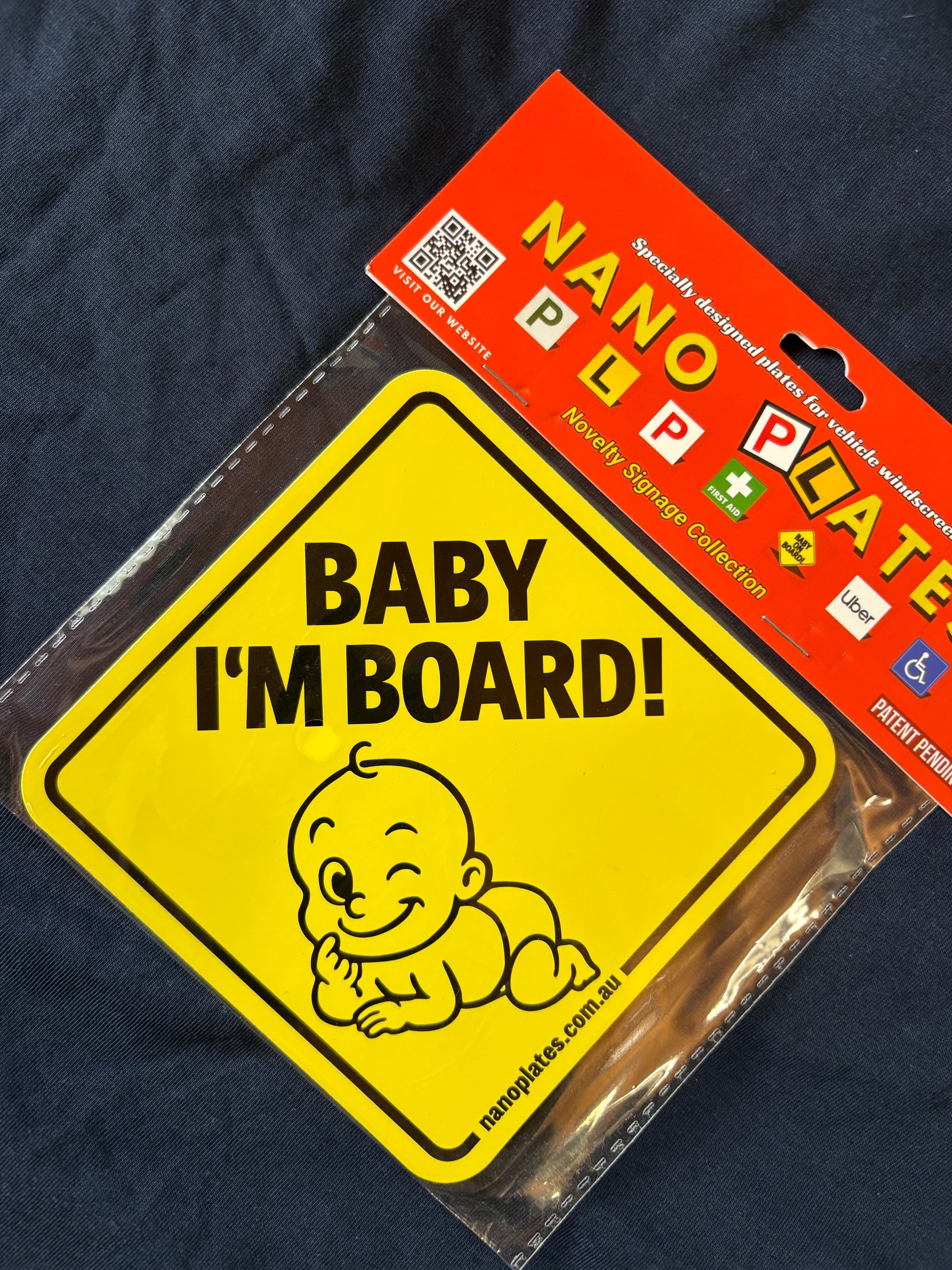 Baby 'I'm Board!' sign with Nano Plate packaging