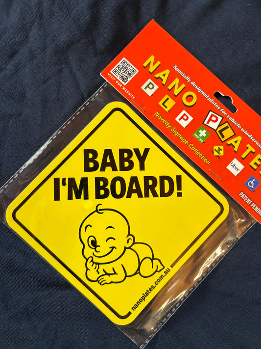 Baby 'I'm Board!' sign with Nano Plate packaging
